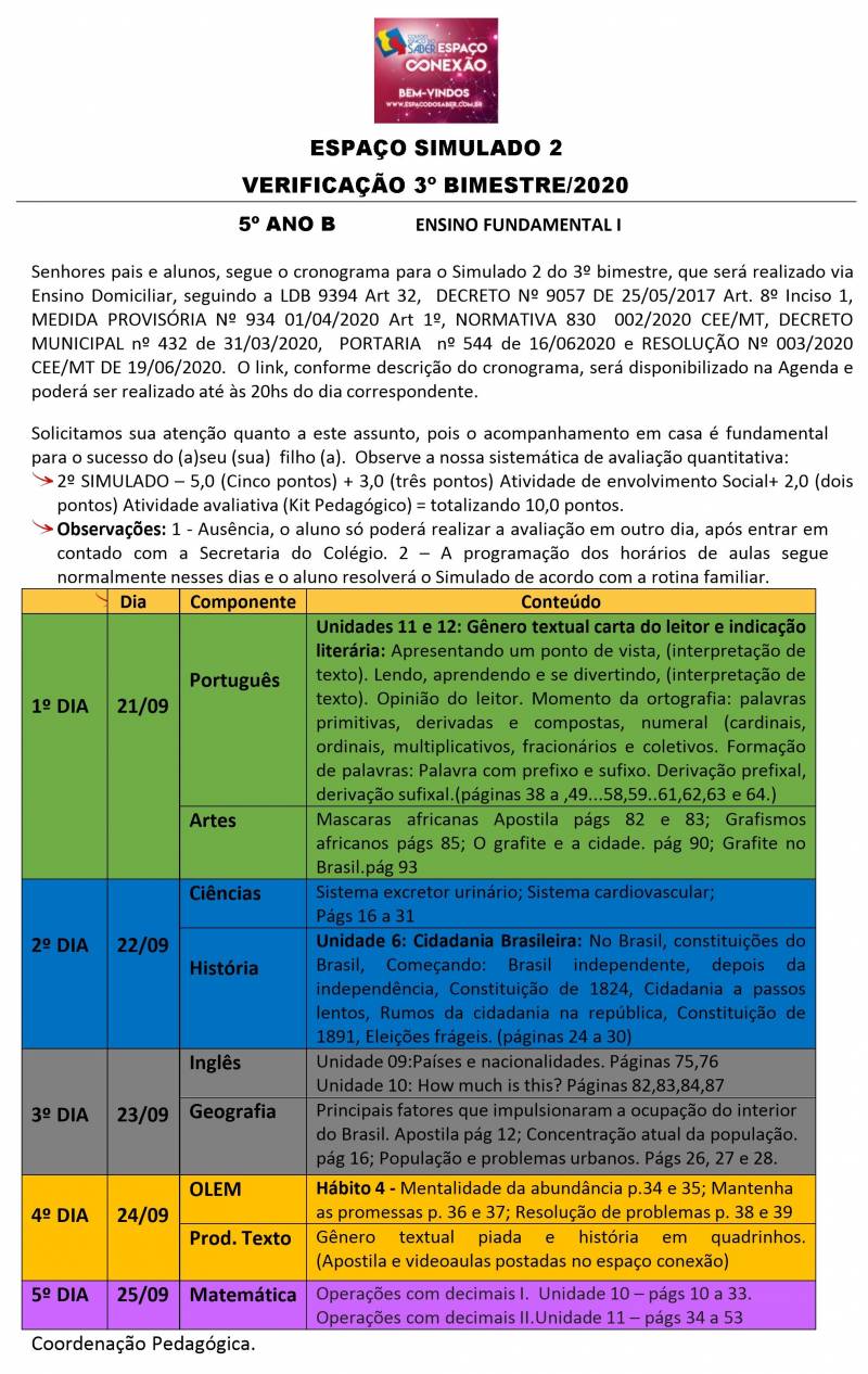 Espao Simulado 2 - 5 Ano - Vespertino - 3 Bimestre 2020