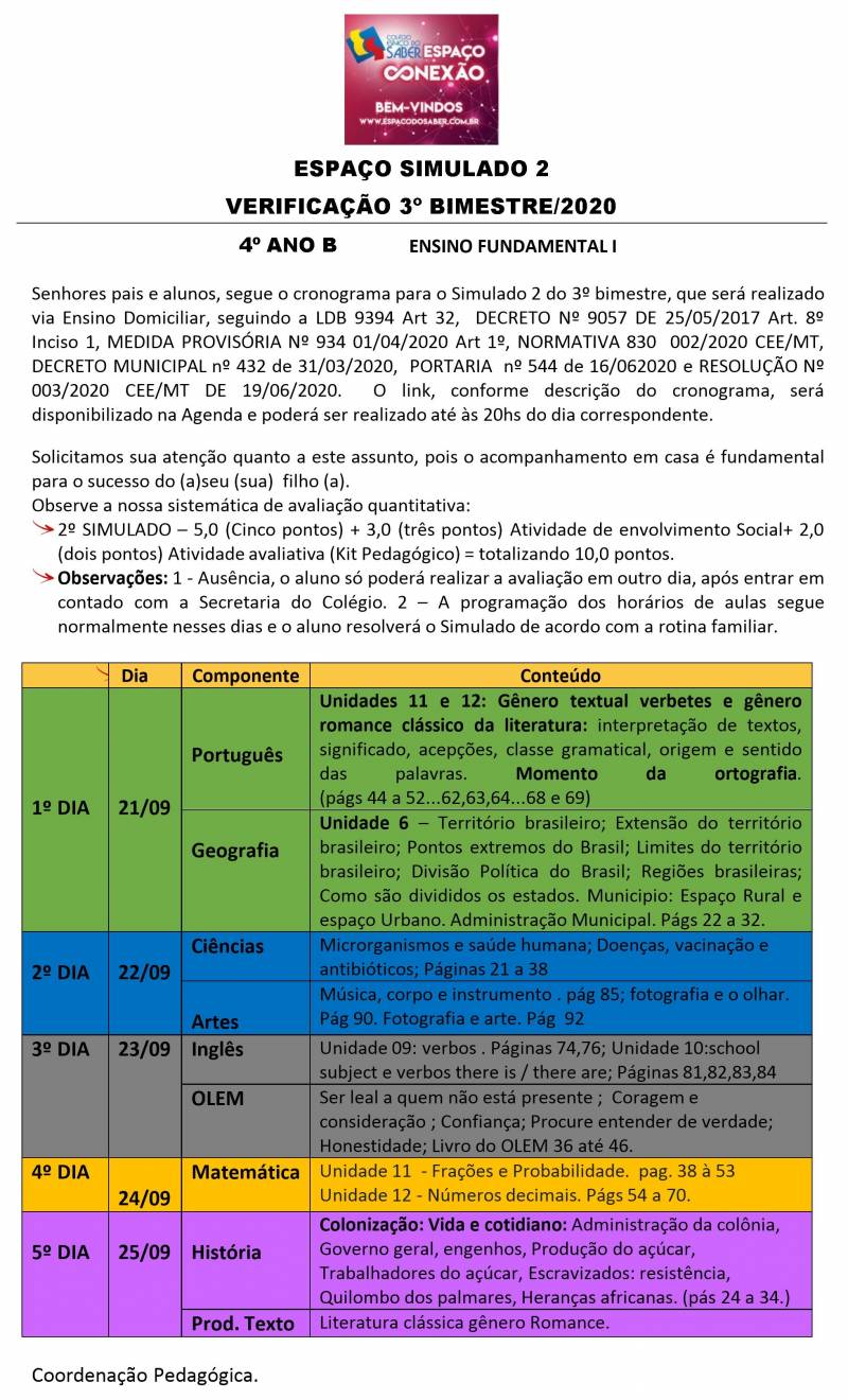 Espao Simulado 2 - 4 Ano - Vespertino - 3 Bimestre 2020