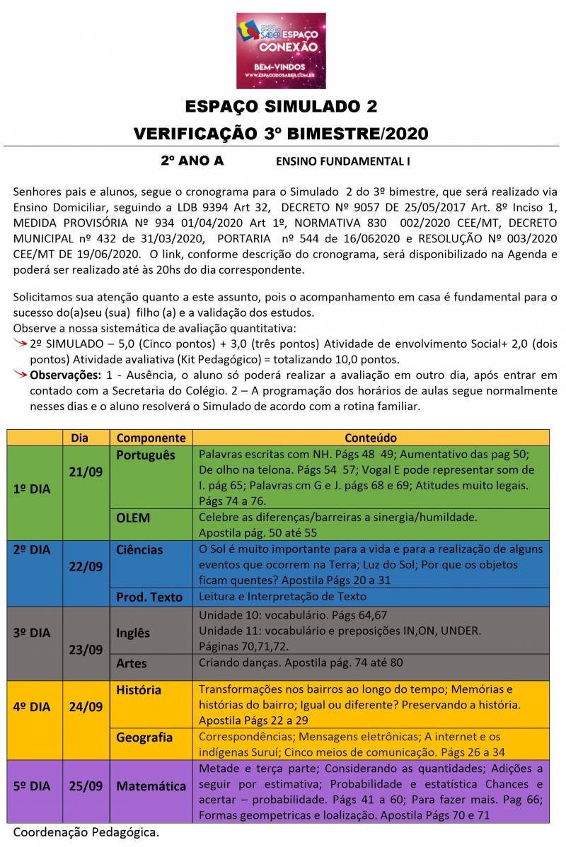 Espao Simulado 2 - 2 Ano - Matutino - 3 Bimestre 2020
