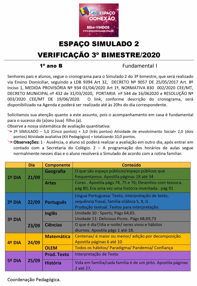 Espao Simulado 2 - 1 Ano - Vespertino - 3 Bimestre 2020