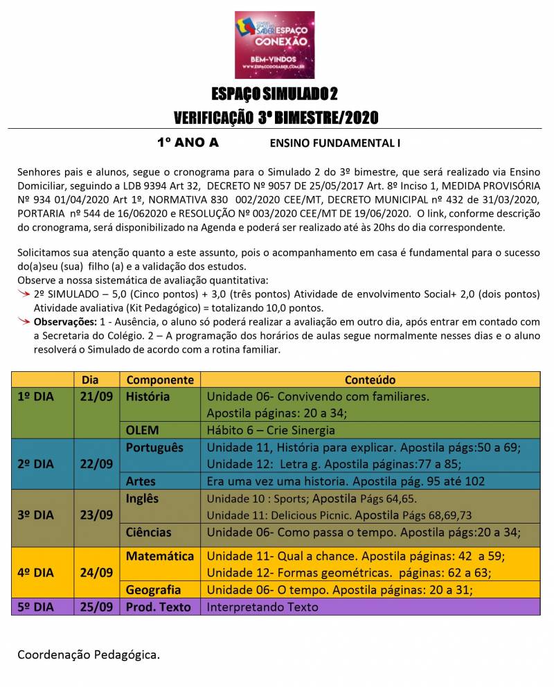 Espao Simulado 2 - 1 Ano - Matutino - 3 Bimestre 2020