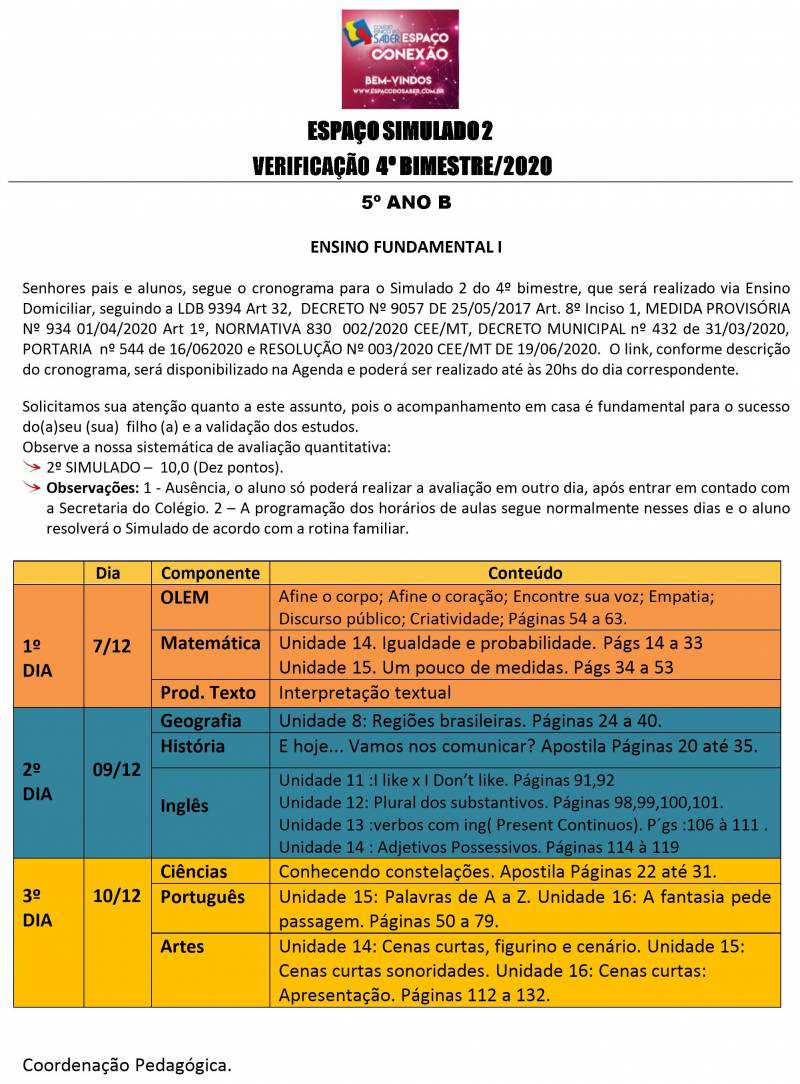 Cronograma de Verificao 2 - 5 Ano - Vespertino - 4 Bimestre 2020