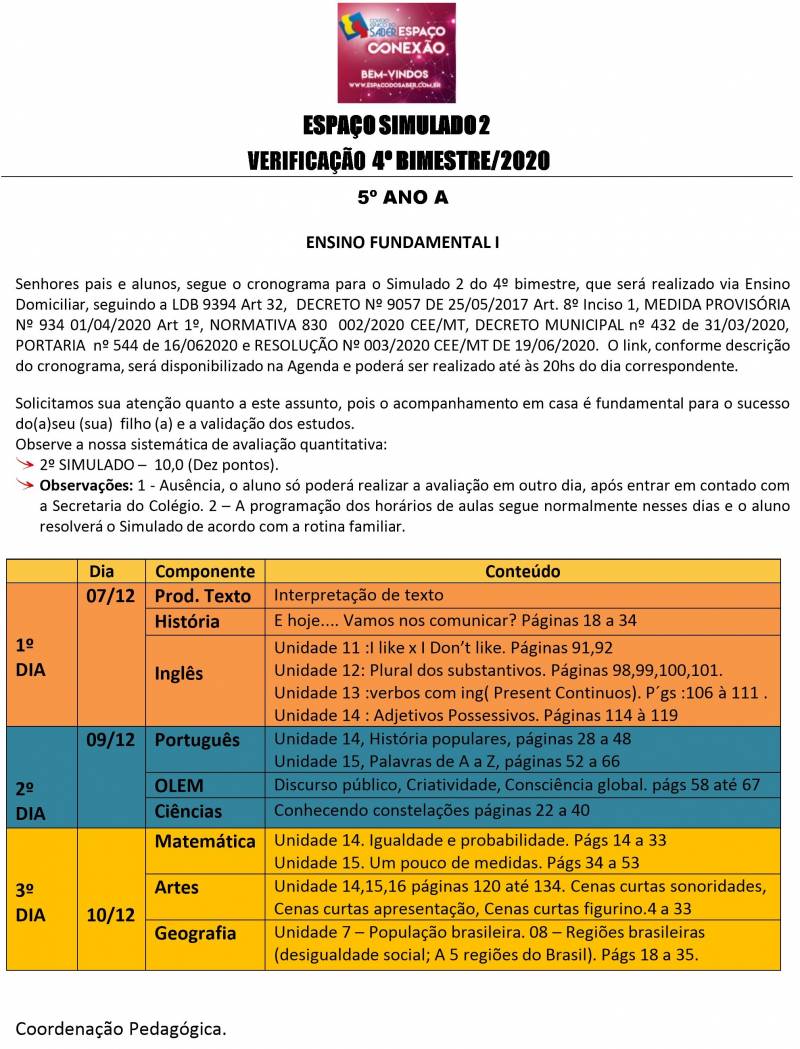 Cronograma de Verificao 2 - 5 Ano - Matutino - 4 Bimestre 2020