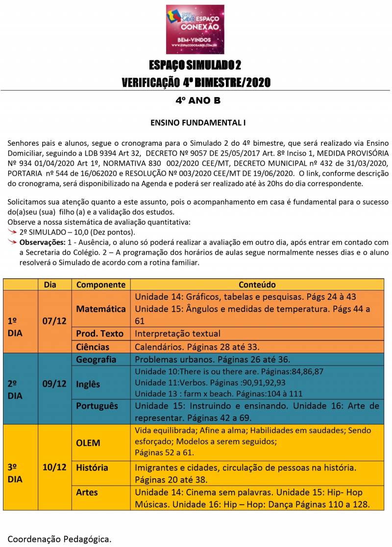 Cronograma de Verificao 2 - 4 Ano - Vespertino - 4 Bimestre 2020