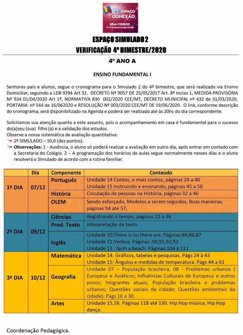 Cronograma de Verificao 2 - 4 Ano - Matutino - 4 Bimestre 2020