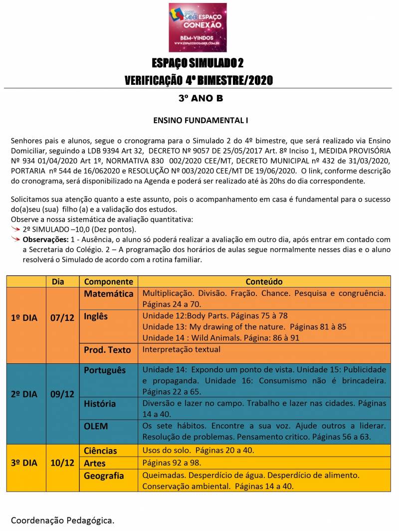 Cronograma de Verificao 2 - 3 Ano - Vespertino - 4 Bimestre 2020