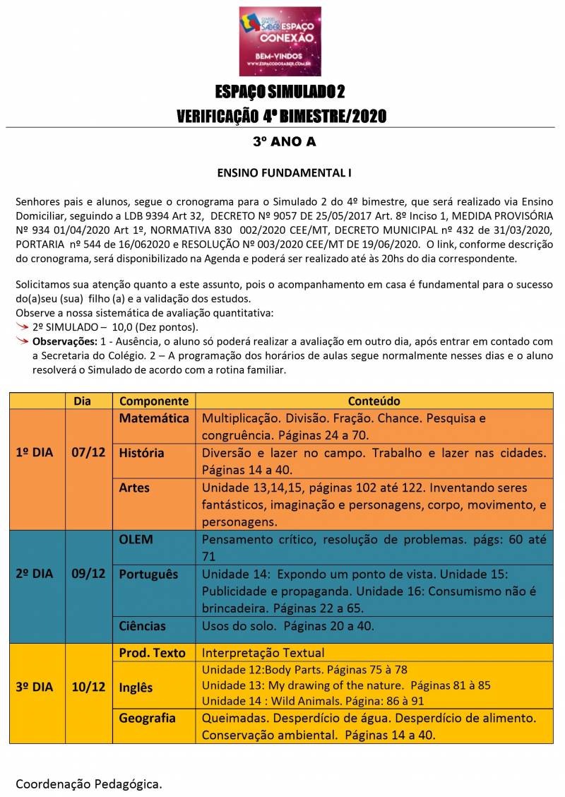 Cronograma de Verificao 2 - 3 Ano - Matutino - 4 Bimestre 2020