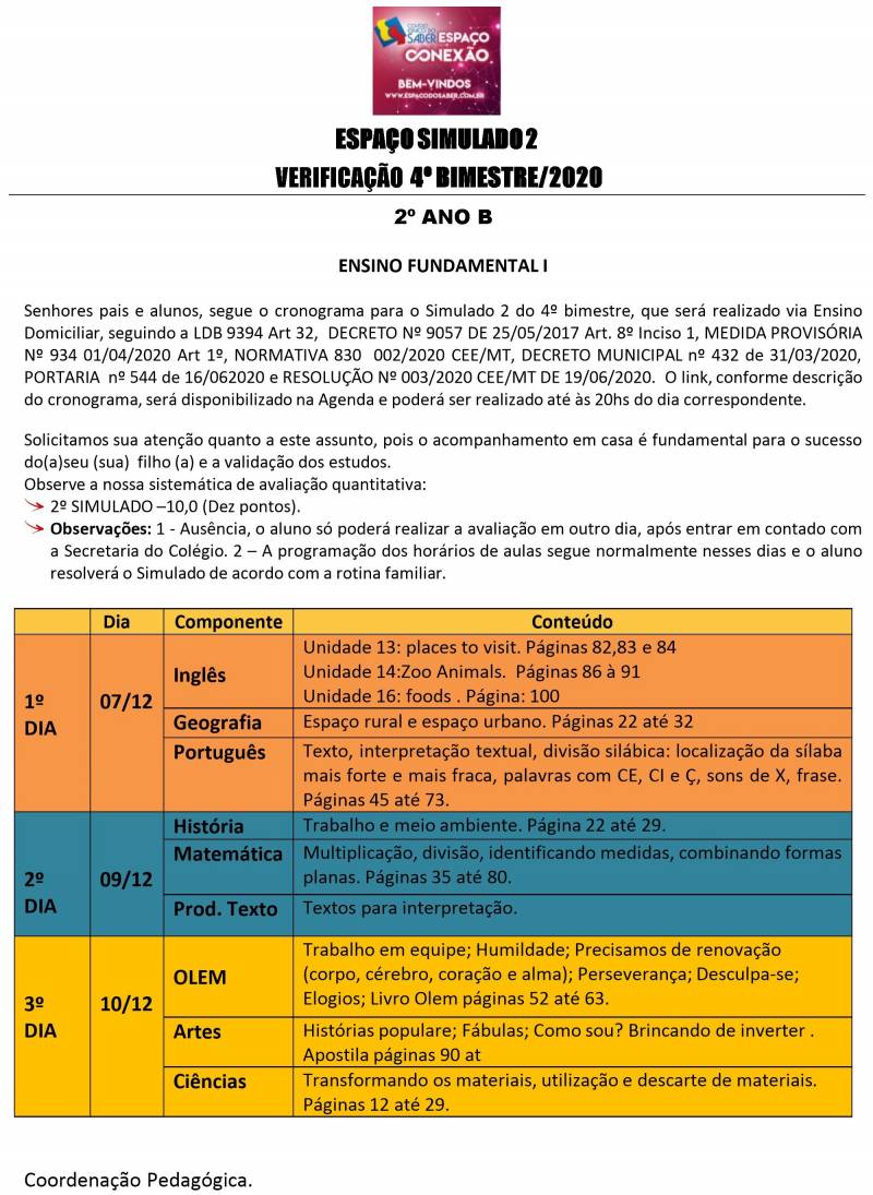 Cronograma de Verificao 2 - 2 Ano - Vespertino - 4 Bimestre 2020