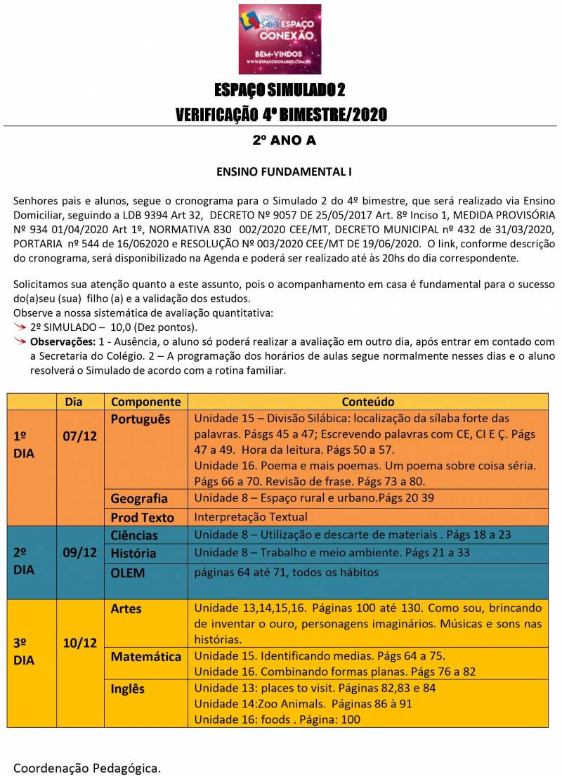 Cronograma de Verificao 2 - 2 Ano - Matutino - 4 Bimestre 2020