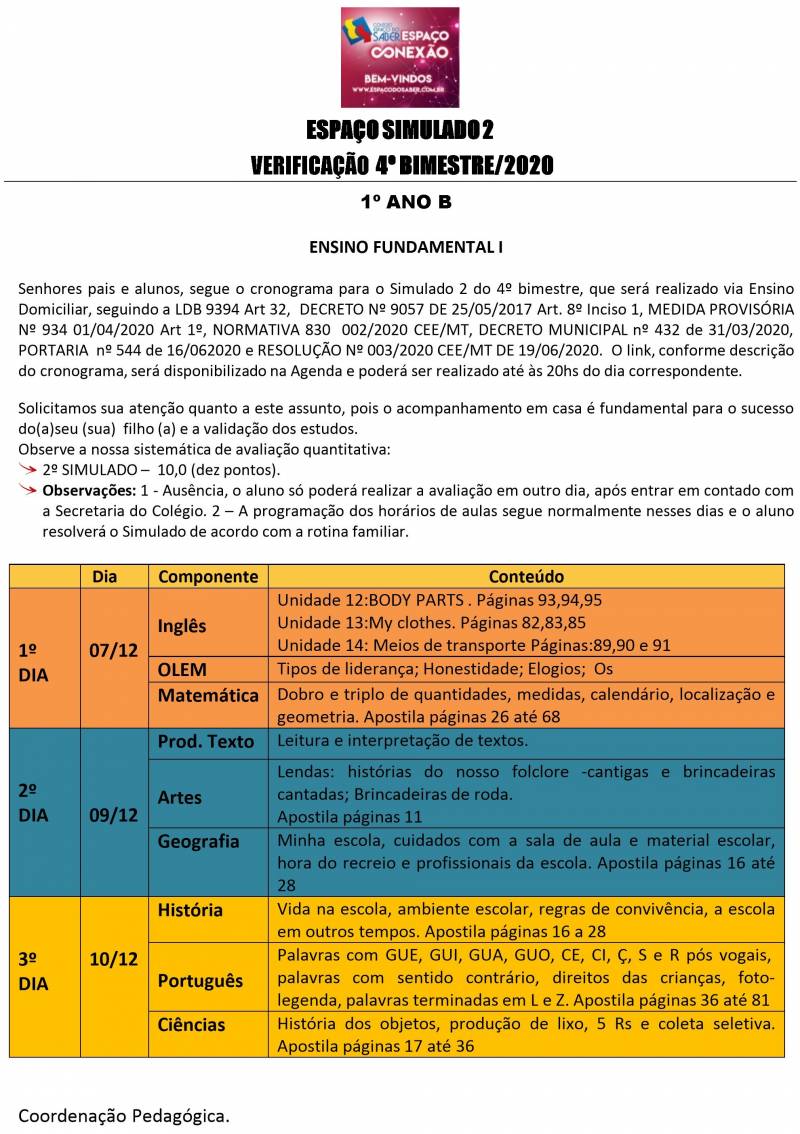 Cronograma de Verificao 2 - 1 Ano - Vespertino - 4 Bimestre 2020