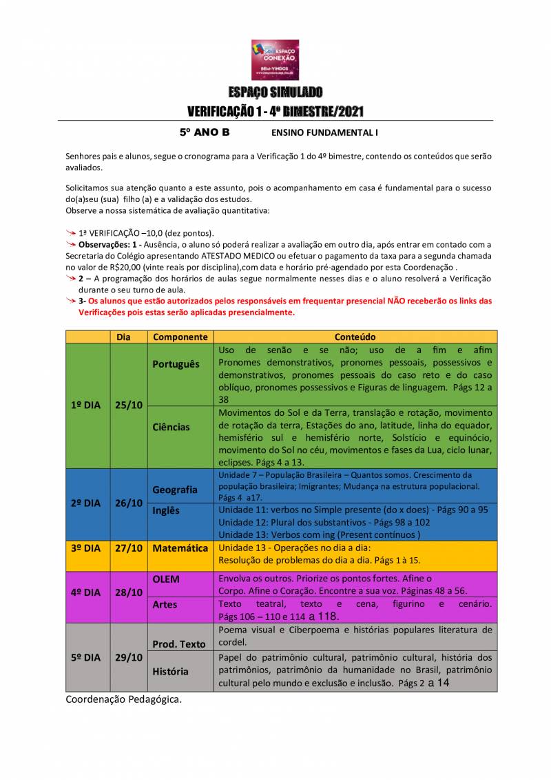 Cronograma de Verificao 1 - 5 Ano - Vespertino - 4 Bimestre 2021