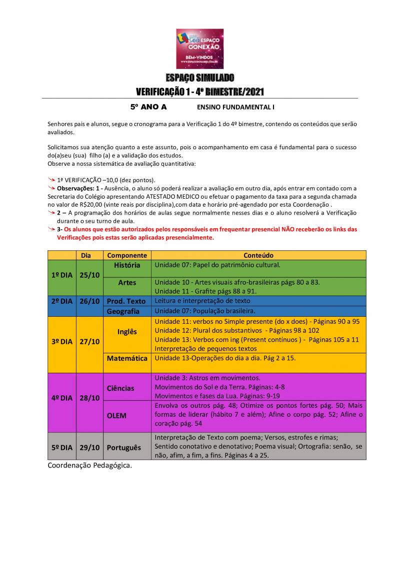 Cronograma de Verificao 1 - 5 Ano - Matutino - 4 Bimestre 2021