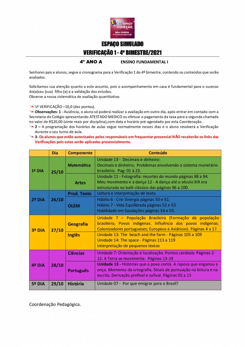 Cronograma de Verificao 1 - 4 Ano - Matutino - 4 Bimestre 2021