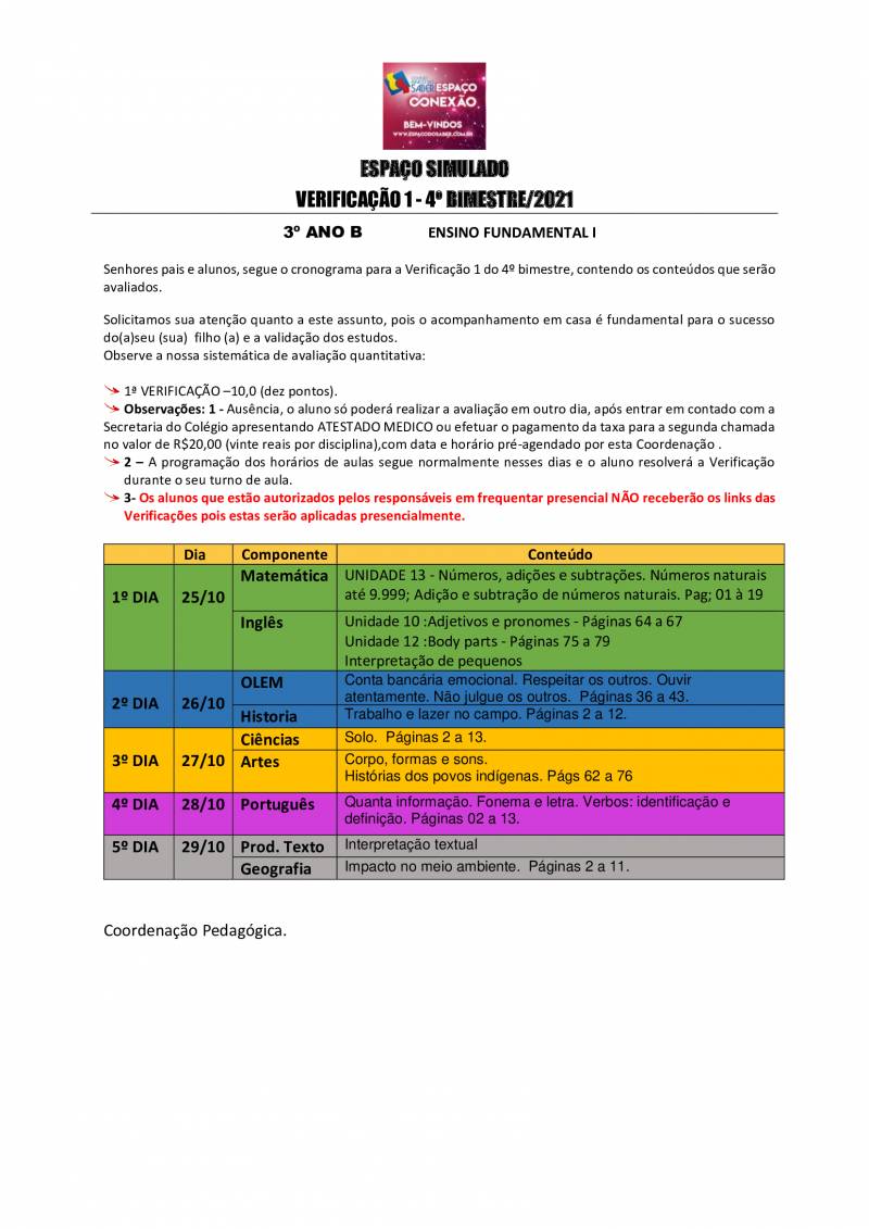 Cronograma de Verificao 1 - 3 Ano - Vespertino - 4 Bimestre 2021