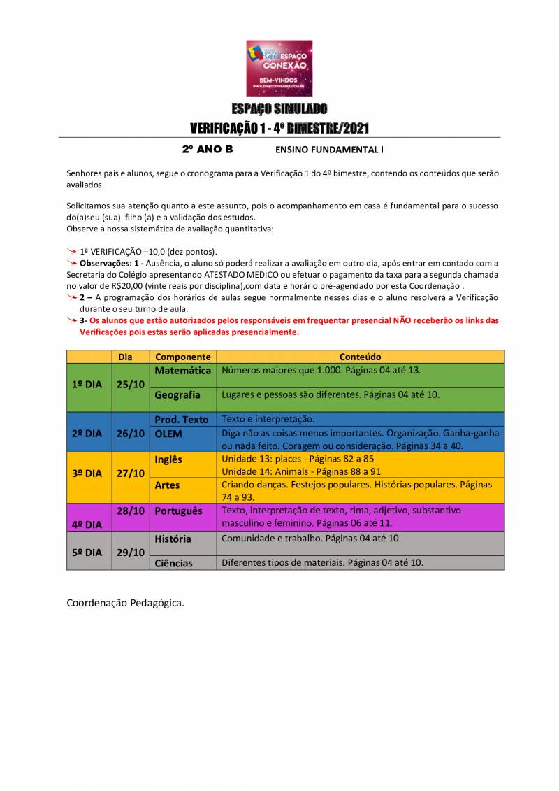 Cronograma de Verificao 1 - 2 Ano - Vespertino - 4 Bimestre 2021