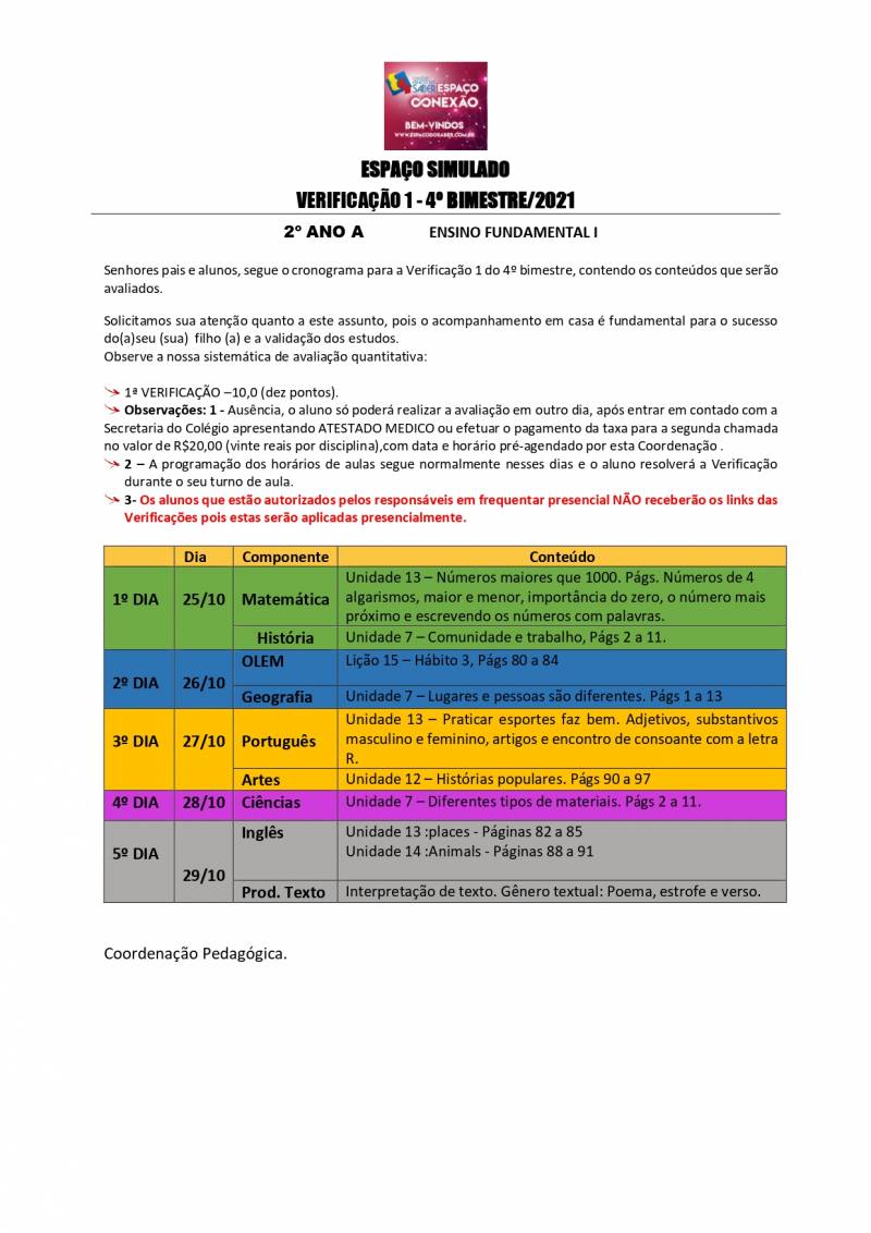 Cronograma de Verificao 1 - 2 Ano - Matutino - 4 Bimestre 2021