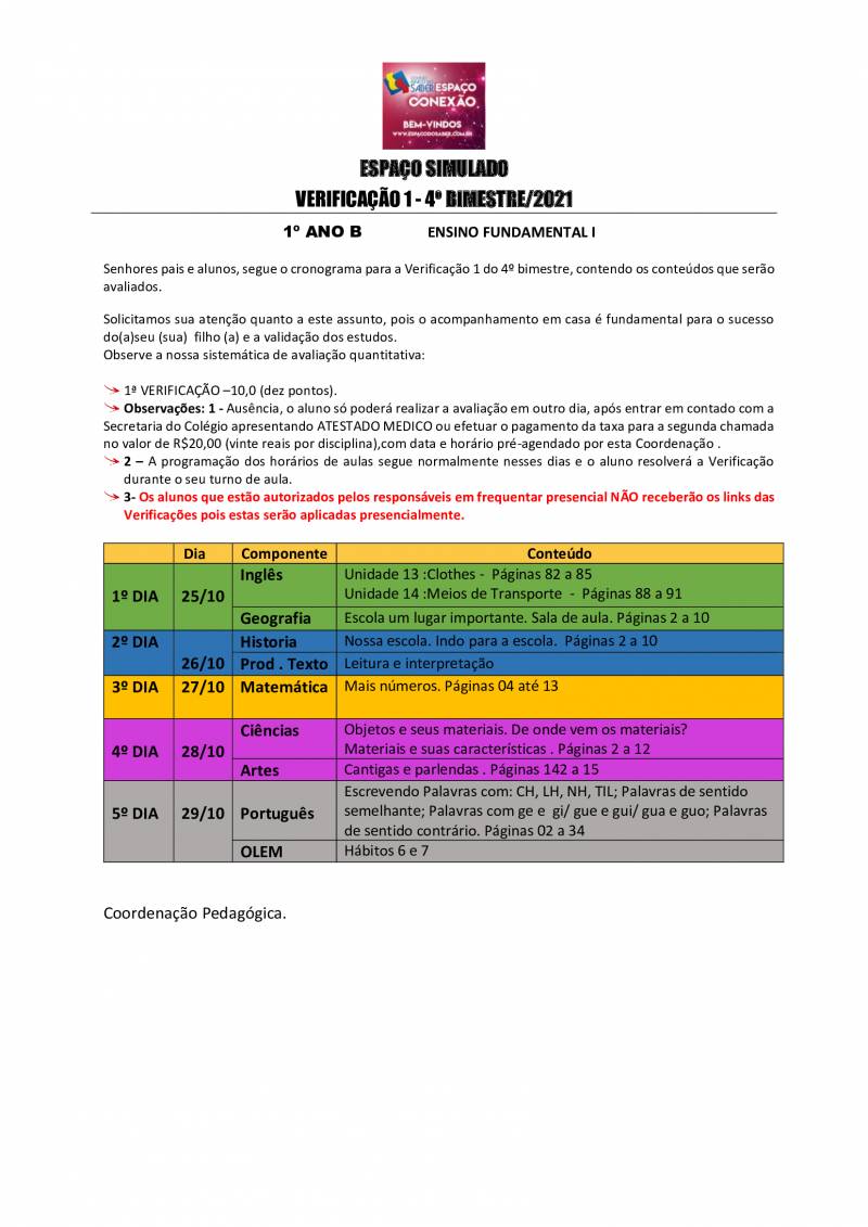 Cronograma de Verificao 1 - 1 Ano - Vespertino - 4 Bimestre 2021