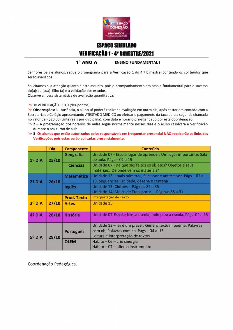 Cronograma de Verificao 1 - 1 Ano - Matutino - 4 Bimestre 2021