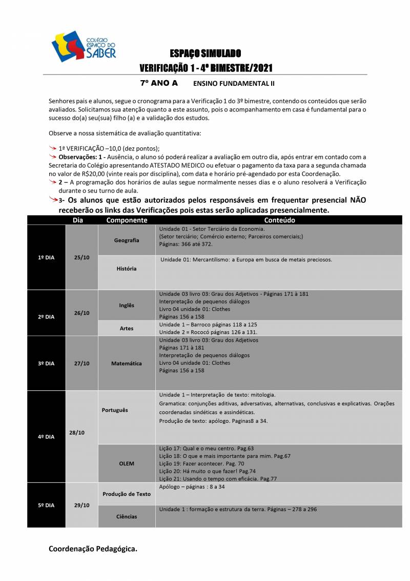 Cronograma de Verificao 1 - 7 Ano - Matutino - 4 Bimestre 2021