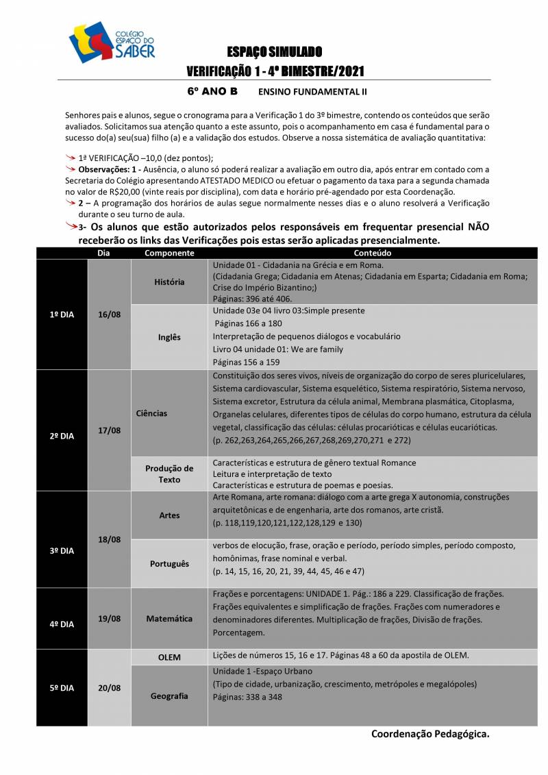 Cronograma de Verificao 1 - 6 Ano - Vespertino - 4 Bimestre 2021
