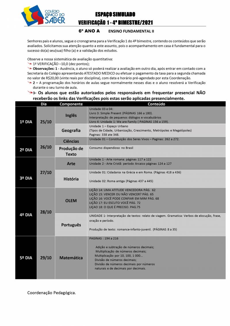 Cronograma de Verificao 1 - 6 Ano - Matutino - 4 Bimestre 2021