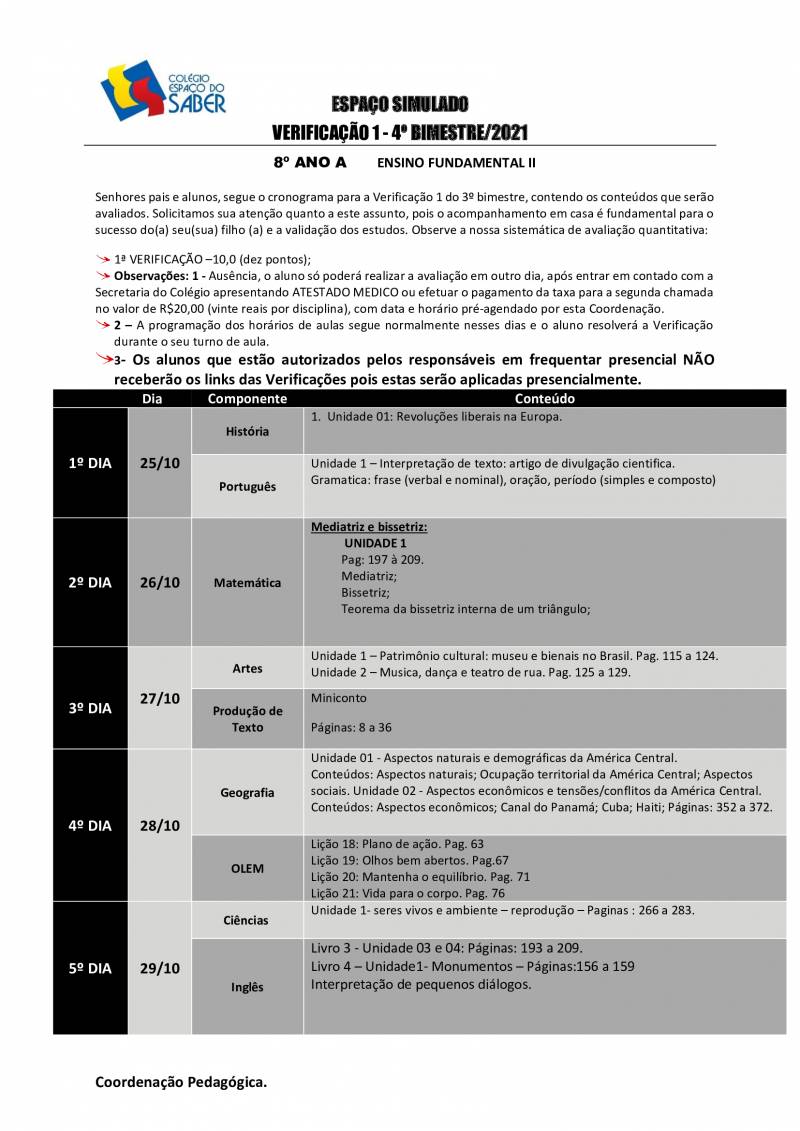 Cronograma de Verificao 1 - 8 Ano - Matutino - 4 Bimestre 2021