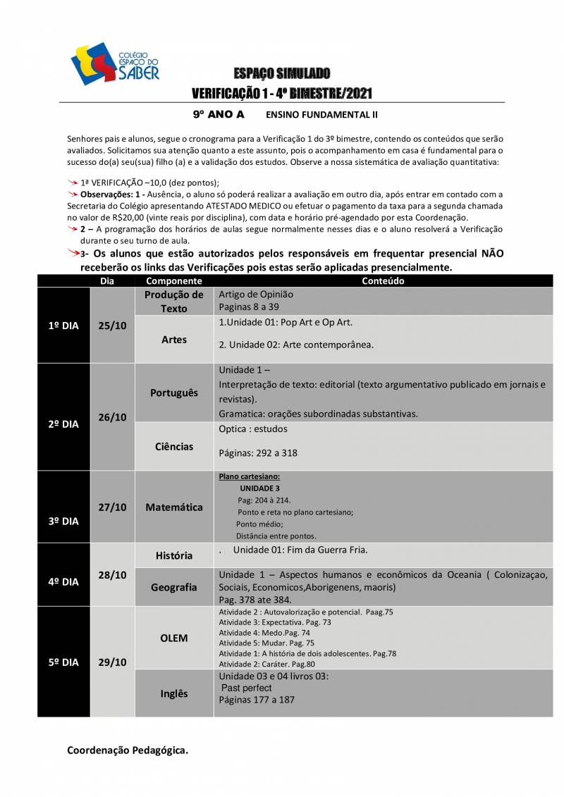 Cronograma de Verificao 1 - 9 Ano - Matutino - 4 Bimestre 2021