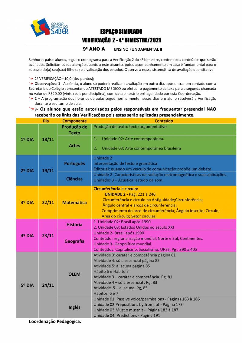 Cronograma de Verificao 2 - 9 Ano - Matutino - 4 Bimestre 2021