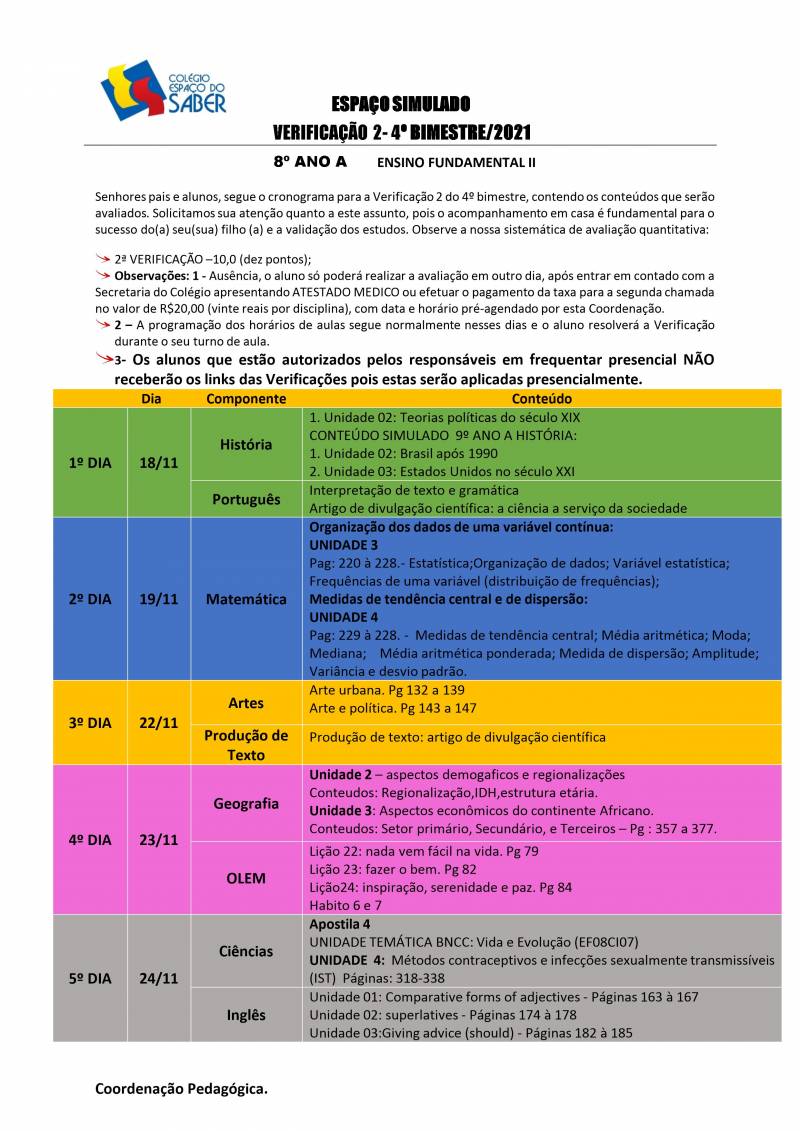 Cronograma de Verificao 2 - 8 Ano - Matutino - 4 Bimestre 2021