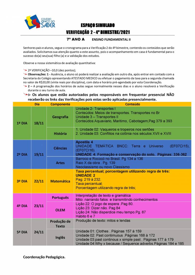 Cronograma de Verificao 2 - 7 Ano - Matutino - 4 Bimestre 2021