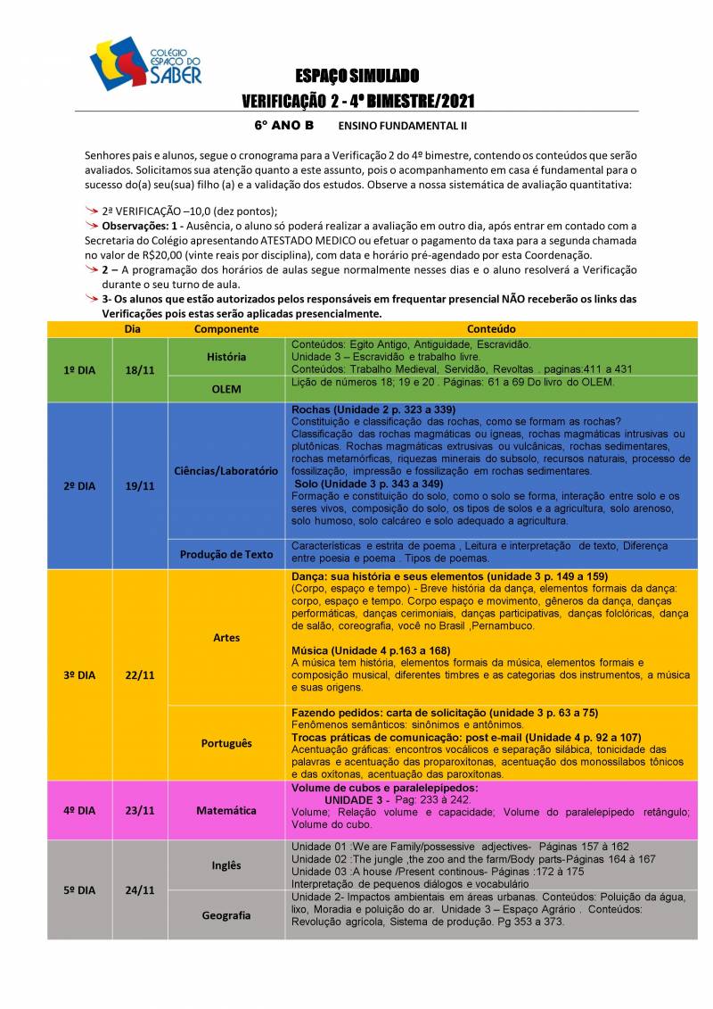 Cronograma de Verificao 2 - 6 Ano - Vespertino - 4 Bimestre 2021