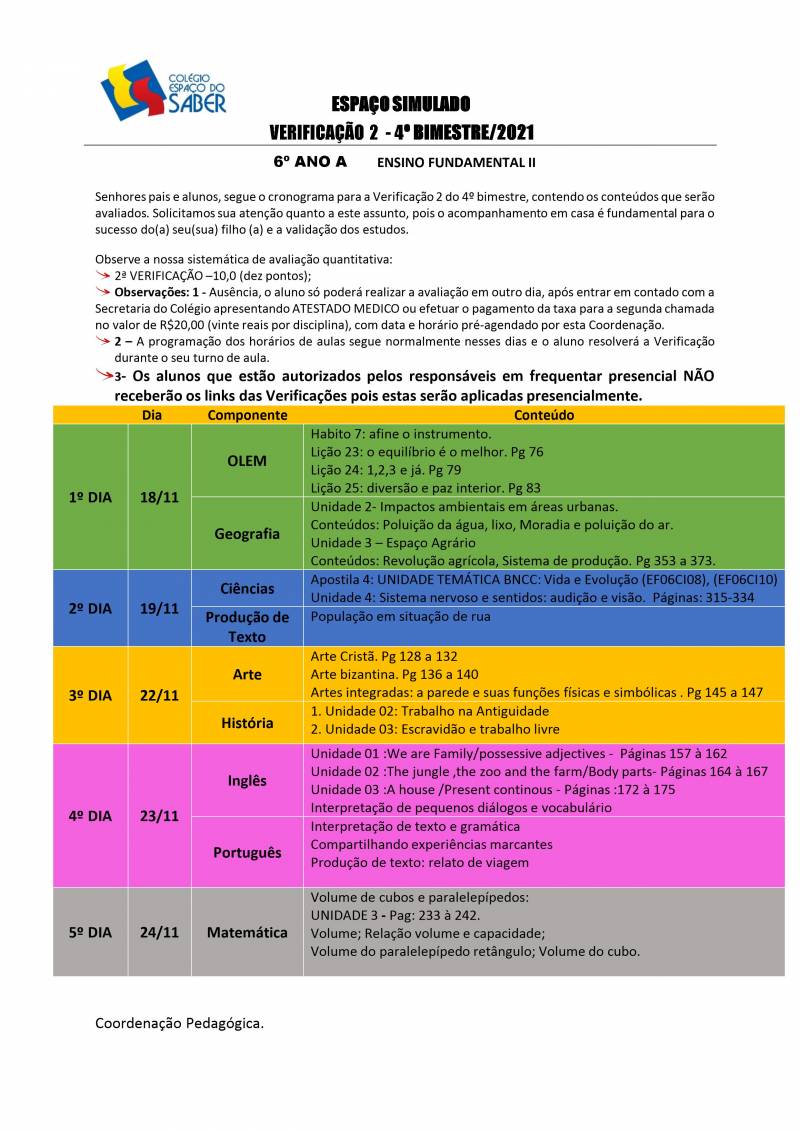 Cronograma de Verificao 2 - 6 Ano - Matutino - 4 Bimestre 2021