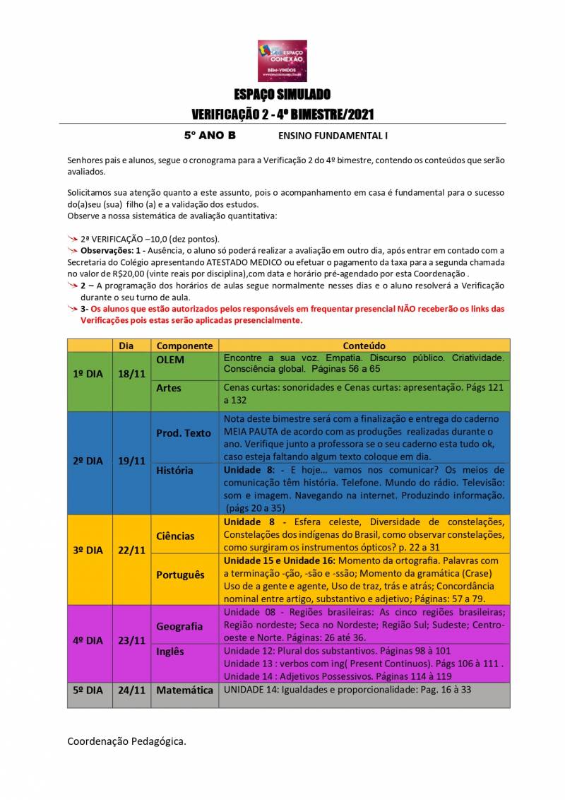 Cronograma de Verificao 2 - 5 Ano - Vespertino - 4 Bimestre 2021