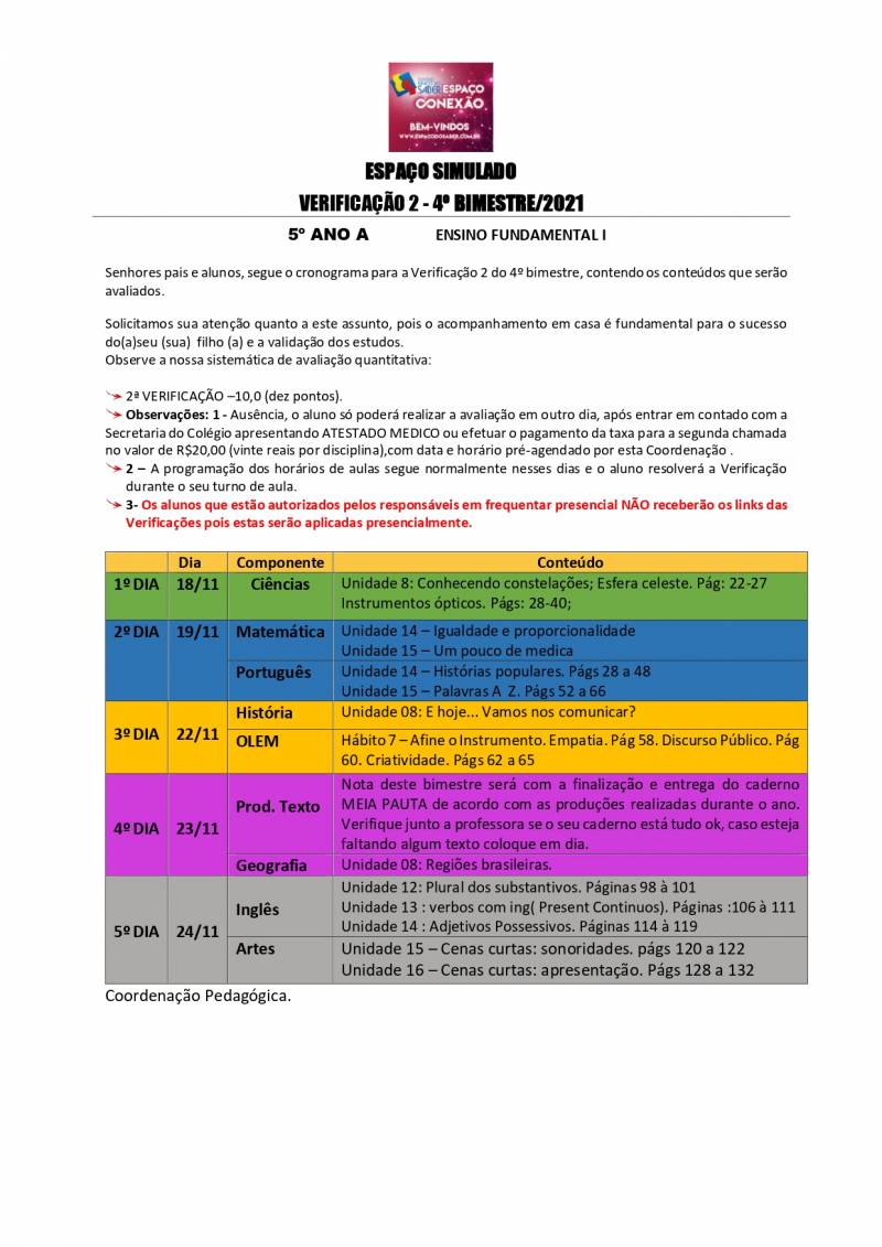 Cronograma de Verificao 2 - 5 Ano - Matutino - 4 Bimestre 2021