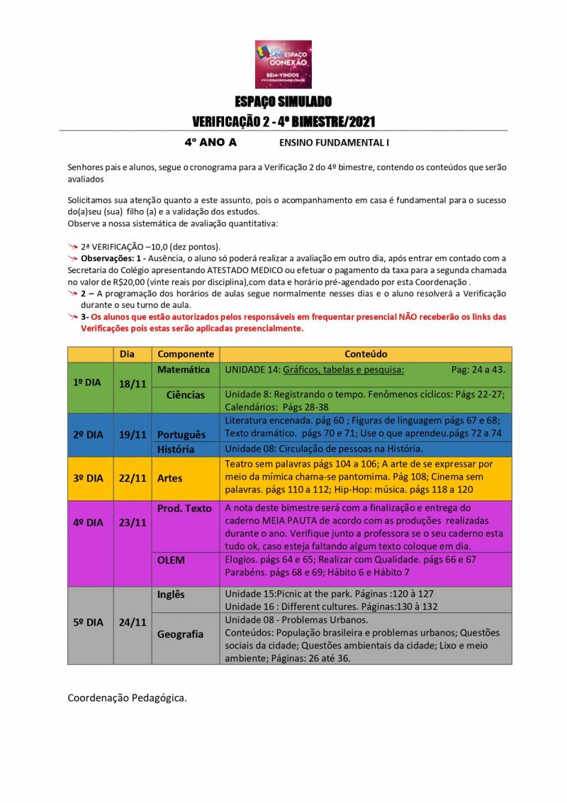 Cronograma de Verificao 2 - 4 Ano - Matutino - 4 Bimestre 2021
