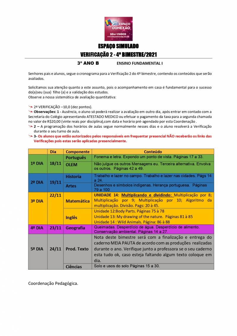 Cronograma de Verificao 2 - 3 Ano - Vespertino - 4 Bimestre 2021