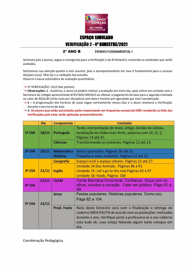 Cronograma de Verificao 2 - 2 Ano - Vespertino - 4 Bimestre 2021