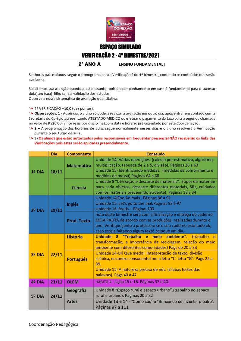 Cronograma de Verificao 2 - 2 Ano - Matutino - 4 Bimestre 2021