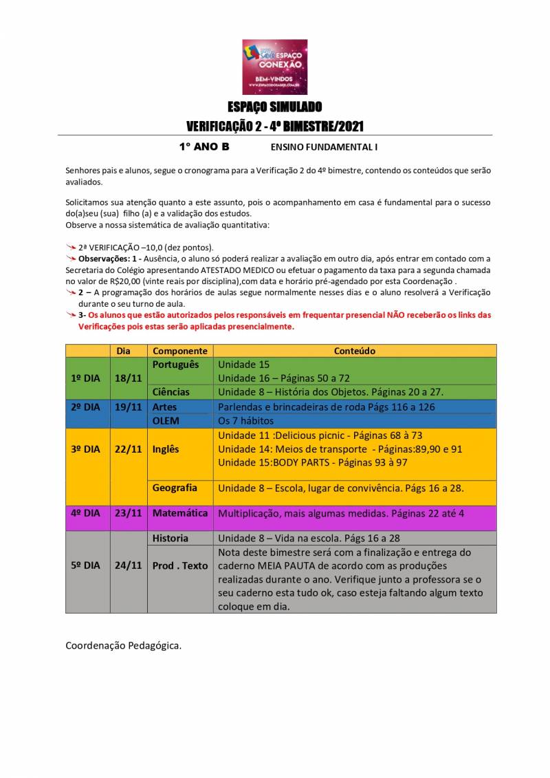 Cronograma de Verificao 2 - 1 Ano - Vespertino - 4 Bimestre 2021