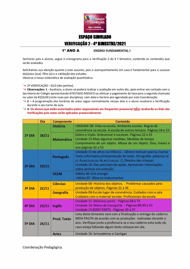 Cronograma de Verificao 2 - 1 Ano - Matutino - 4 Bimestre 2021