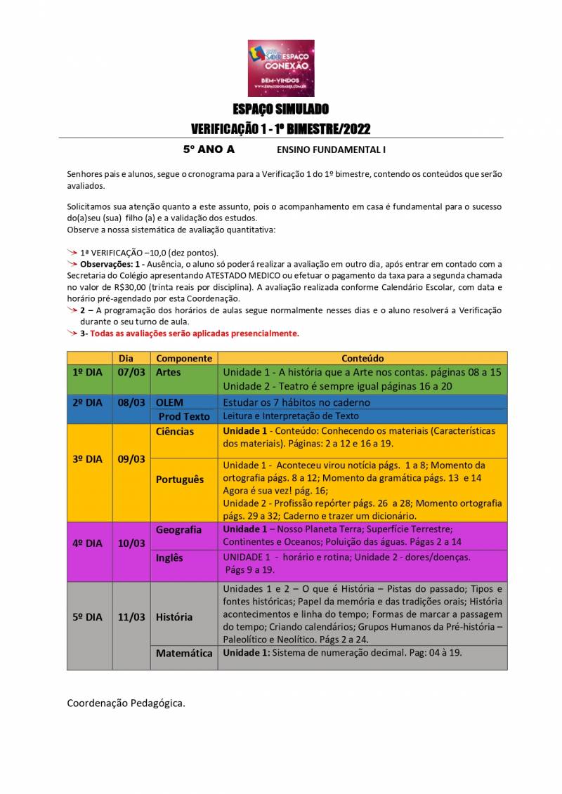 Cronograma de Verificao 1 - 5 Ano - Matutino - 1 Bimestre 2022