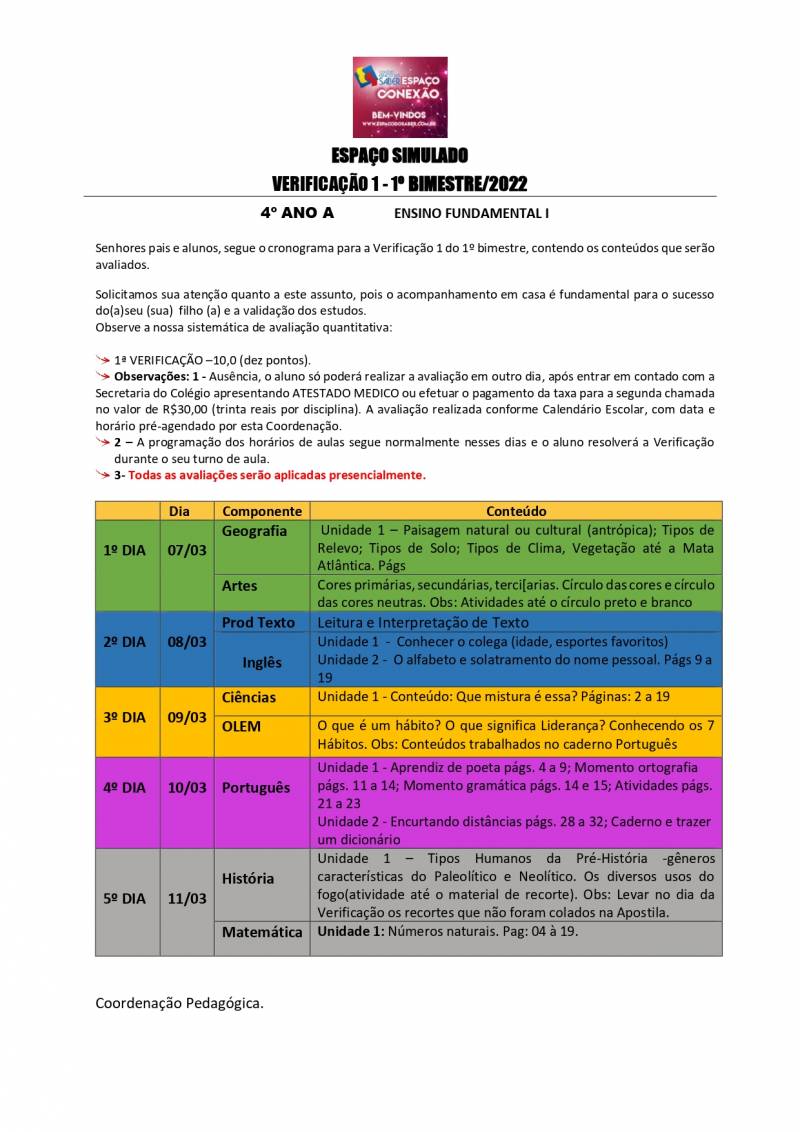 Cronograma de Verificao 1 - 4 Ano - Matutino - 1 Bimestre 2022