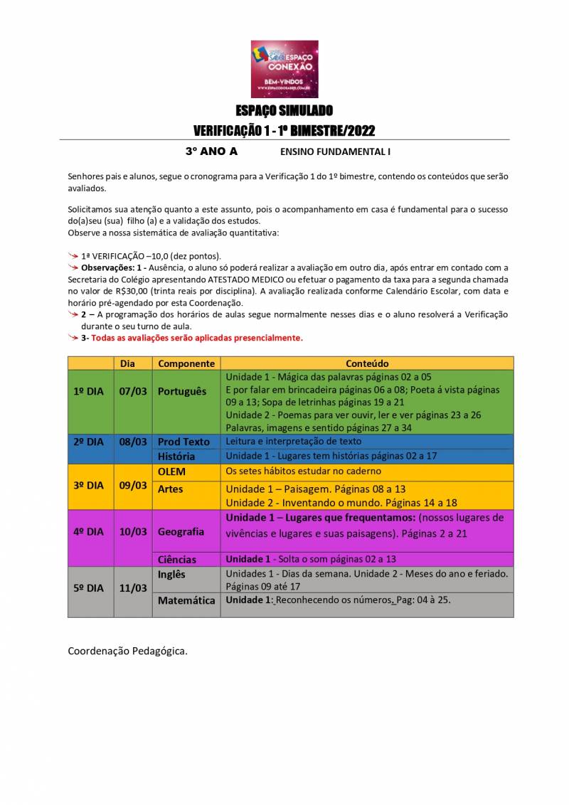 Cronograma de Verificao 1 - 3 Ano - Matutino - 1 Bimestre 2022