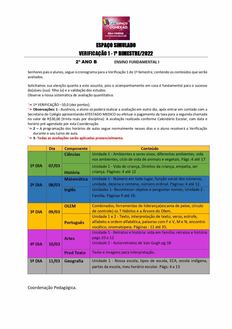 Cronograma de Verificao 1 - 2 Ano - Vespertino - 1 Bimestre 2022