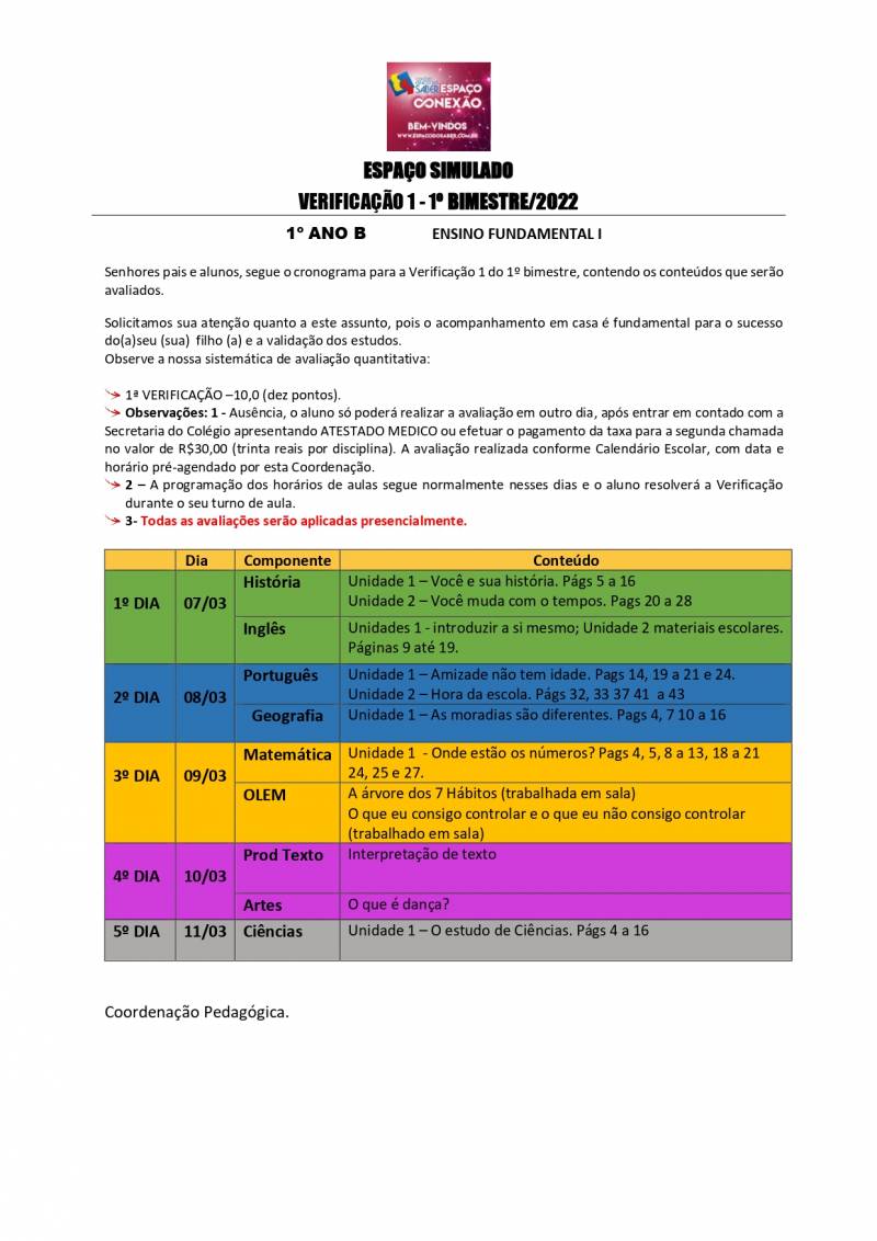 Cronograma de Verificao 1 - 1 Ano - Vespertino - 1 Bimestre 2022