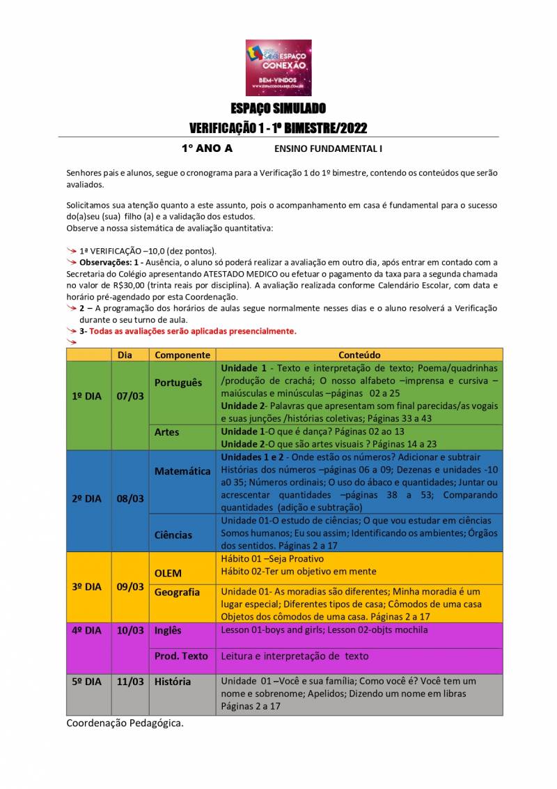 Cronograma de Verificao 1 - 1 Ano - Matutino - 1 Bimestre 2022