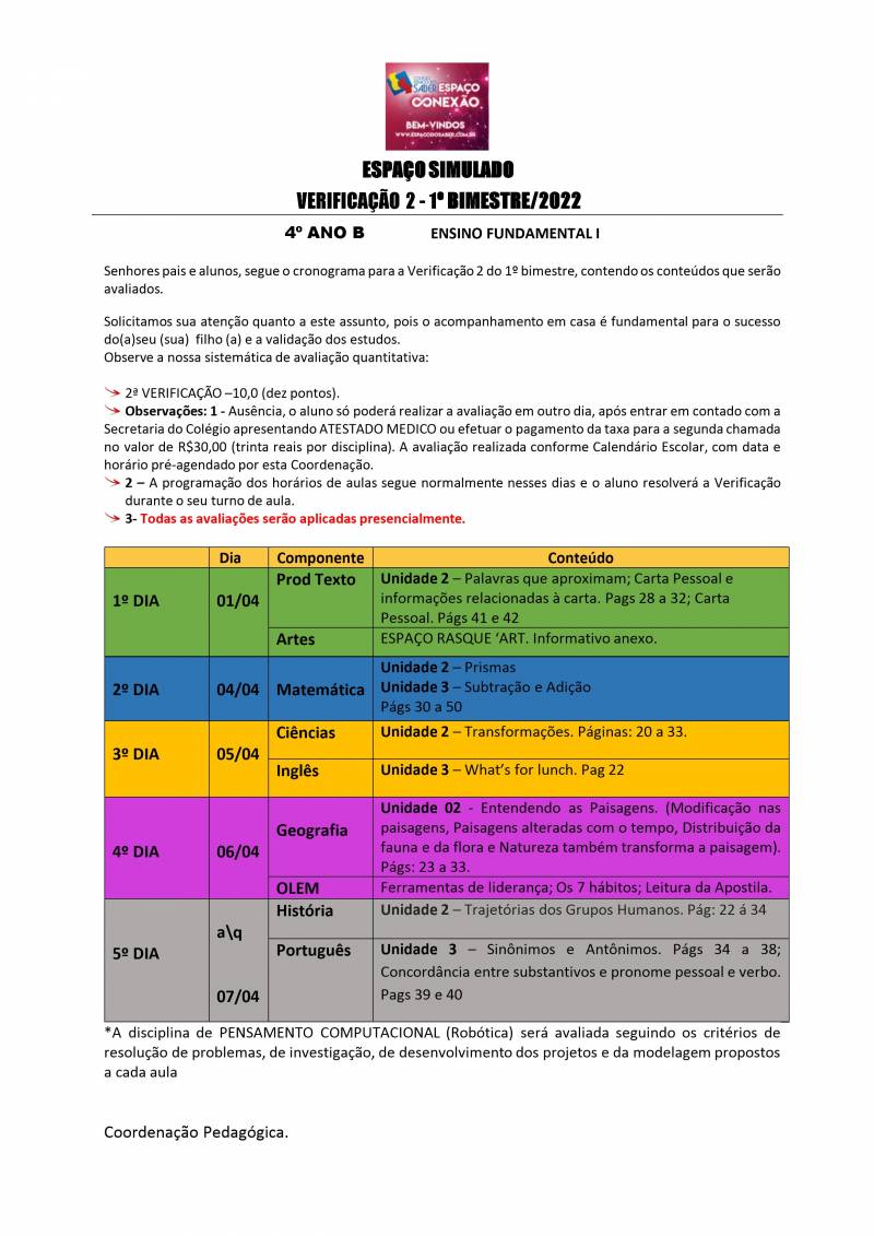 Cronograma de Verificao 2 - 4 Ano - Vespertino - 1 Bimestre 2022