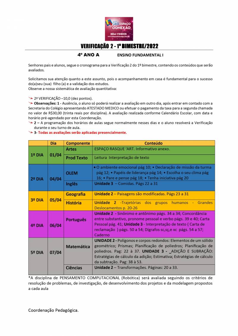 Cronograma de Verificao 2 - 4 Ano - Matutino - 1 Bimestre 2022