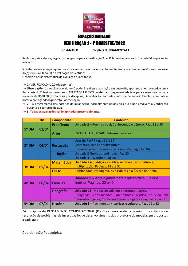 Cronograma de Verificao 2 - 3 Ano - Vespertino - 1 Bimestre 2022