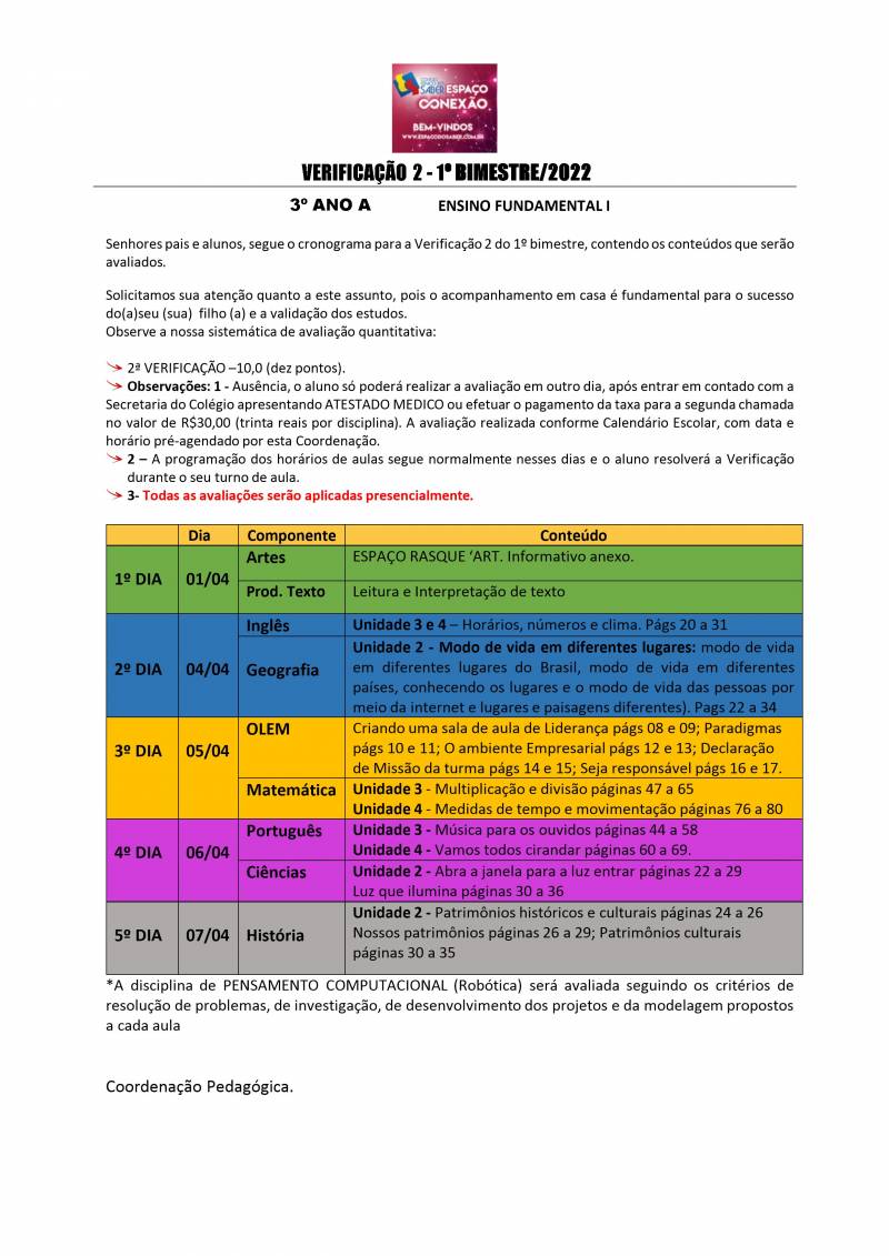 Cronograma de Verificao 2 - 3 Ano - Matutino - 1 Bimestre 2022